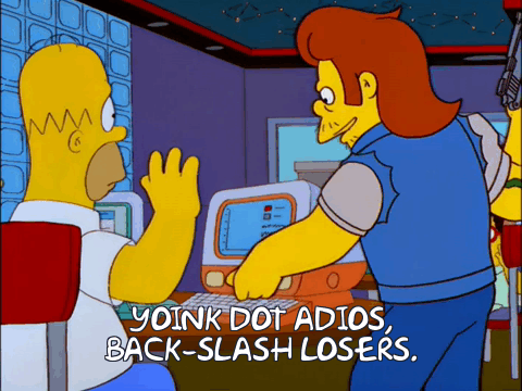 A gif where the Simpsons character Snake Jailbird slides a floppy disk in his jacket while pointing a gun at the camera, saying 'yoink dot adios backslash losers'
